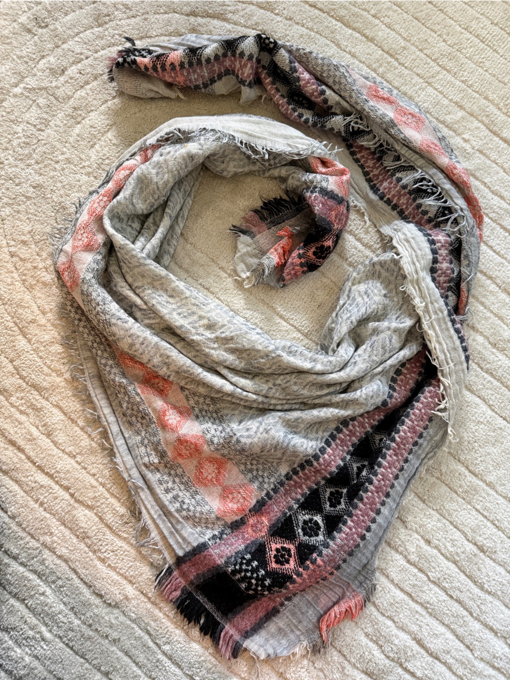Large Square Light wGray & Coral Patterned Women's Scarf+pink wool gloves